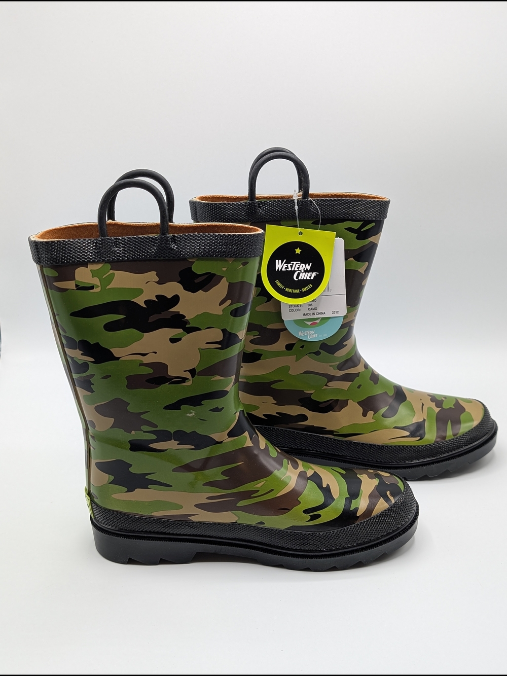 Western Chief Little Kids' 2 Green Camo Rain Waterproof Boots Pull On Handles